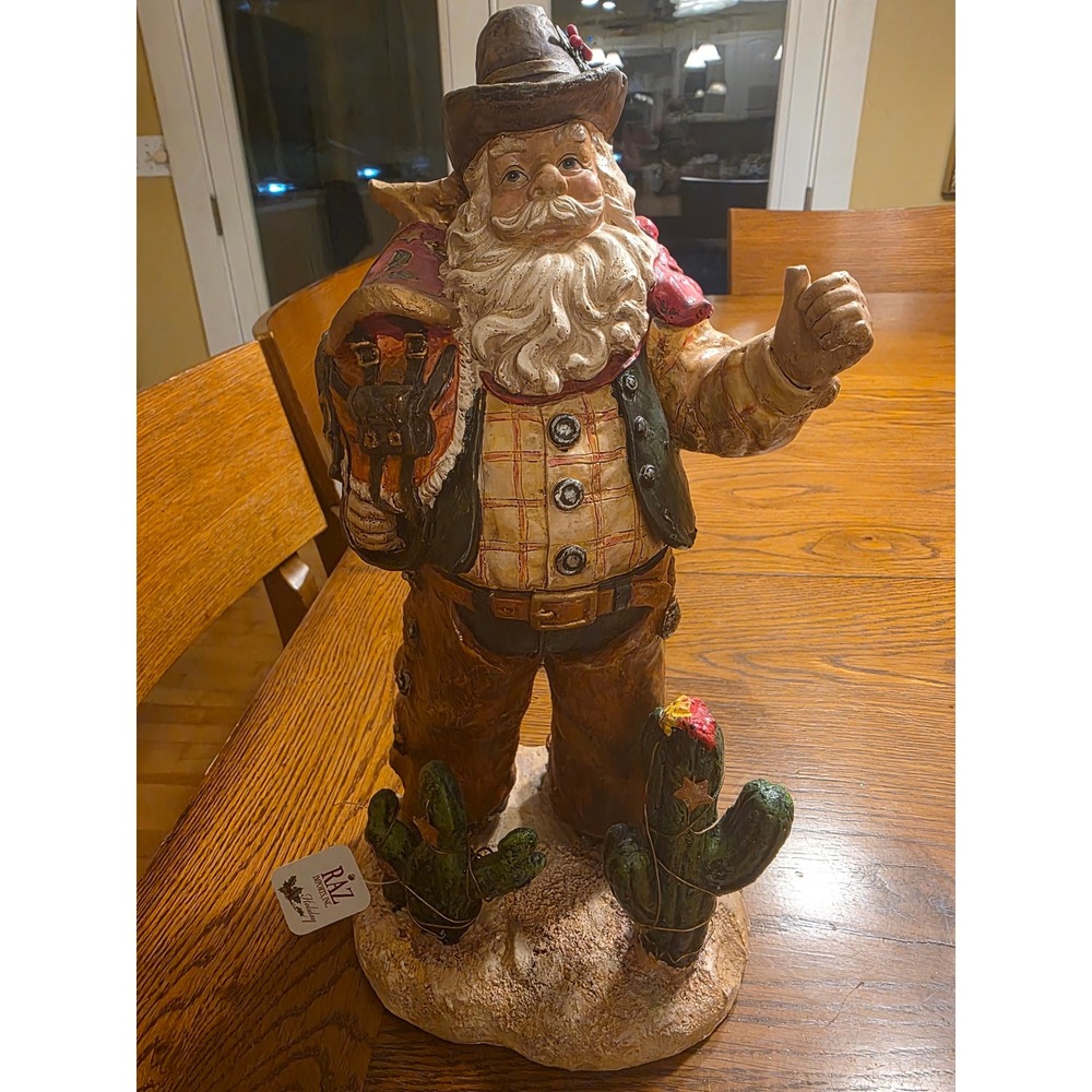 RAZ Imports Cowboy Santa Figurine Western Christmas Decor Cacti Saddlebag Rustic